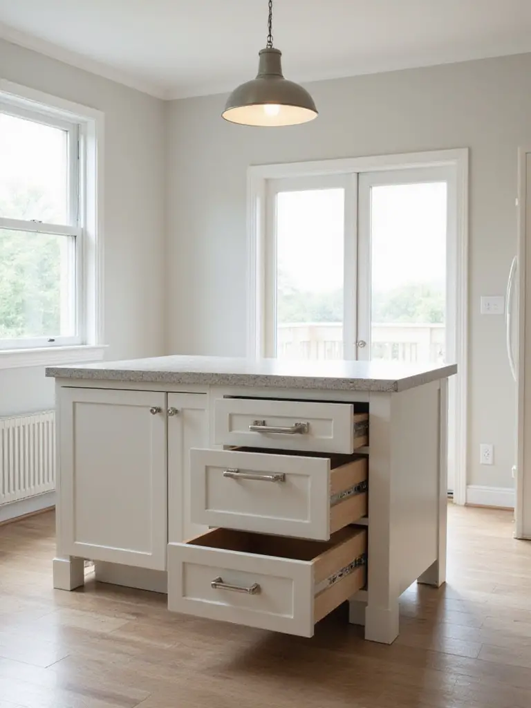 Modern kitchen island featuring universal design elements with varied counter heights, open knee space, and accessible storage in a bright kitchen