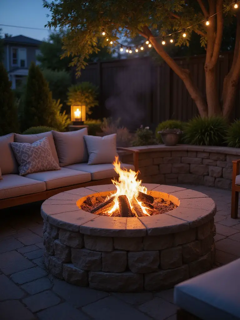 A clean and inviting outdoor fire pit area with soft lighting and cozy seating.