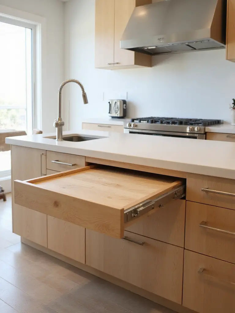 Modern kitchen island with slide-out cutting board extended, showing natural wood surface and integrated waste disposal system