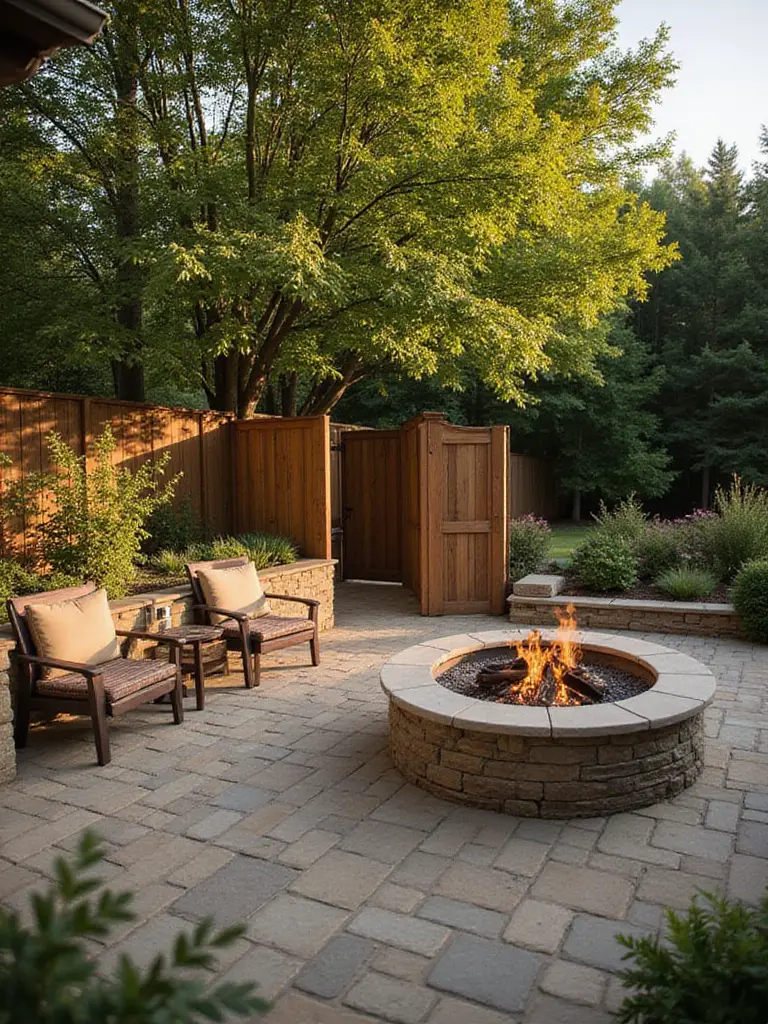 Backyard firepit with effective windbreaks made of wood and stone