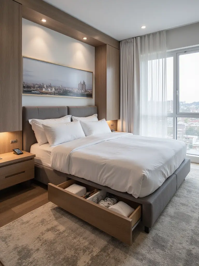 Modern apartment bedroom with hidden storage under bed drawers and concealed compartments in headboard, decluttered surfaces
