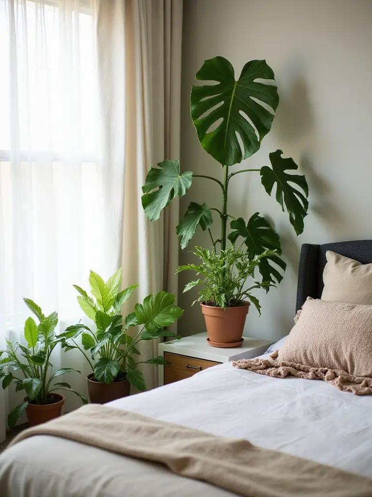 A serene bedroom filled with indoor plants, showcasing a Fiddle Leaf Fig and Pothos plants, with natural light creating a warm ambiance.