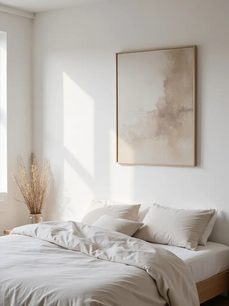 Serene bedroom showcasing negative space with large abstract art above the bed.