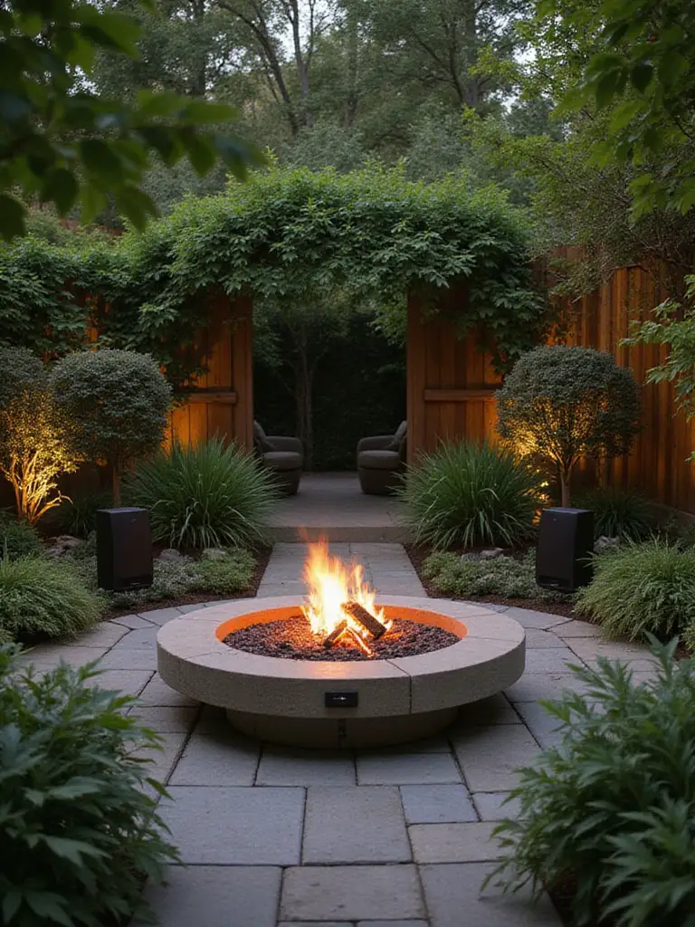Beautiful backyard firepit with outdoor speakers and ambient lighting