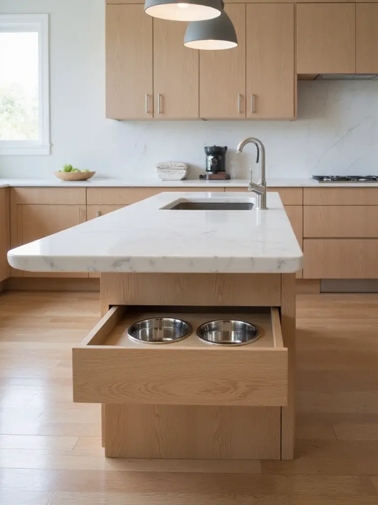 Modern kitchen island with built-in hidden pet feeding station featuring pull-out stainless steel bowls