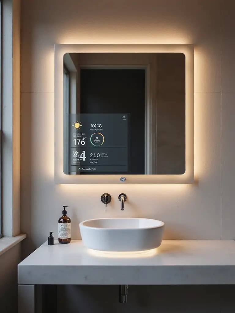 Modern bathroom with a sleek smart mirror displaying digital information and integrated lighting above a minimalist vanity