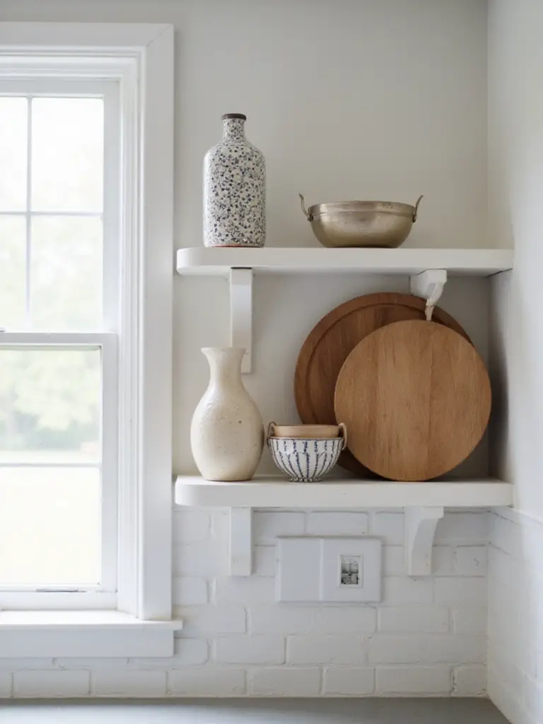 Styled kitchen shelf with varying heights and textures