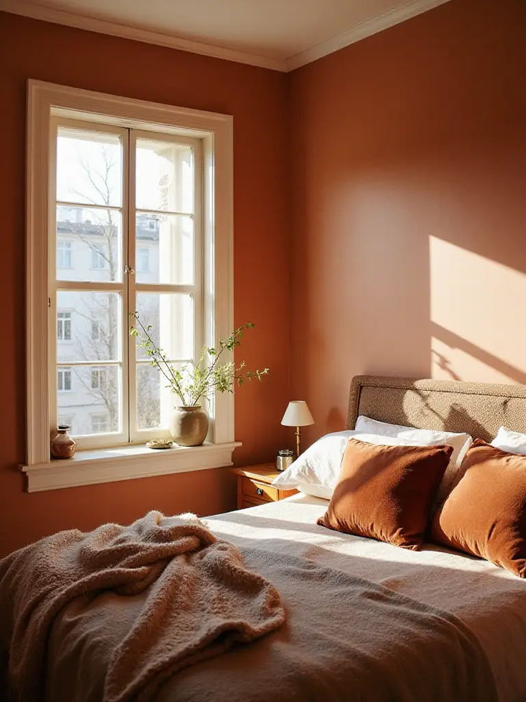 Cozy bedroom decorated with warm hues and soft textures, showcasing inviting design elements.