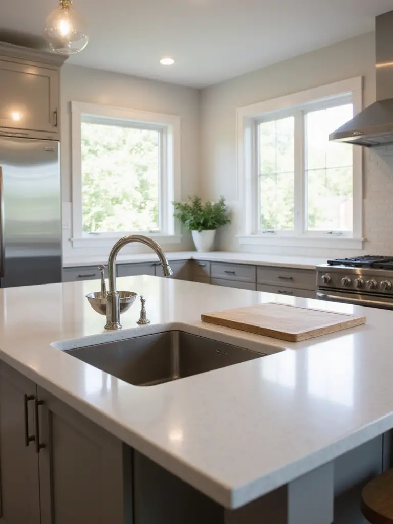 Modern kitchen island with a dedicated prep sink integrated into the countertop, showcasing efficient kitchen workflow without people