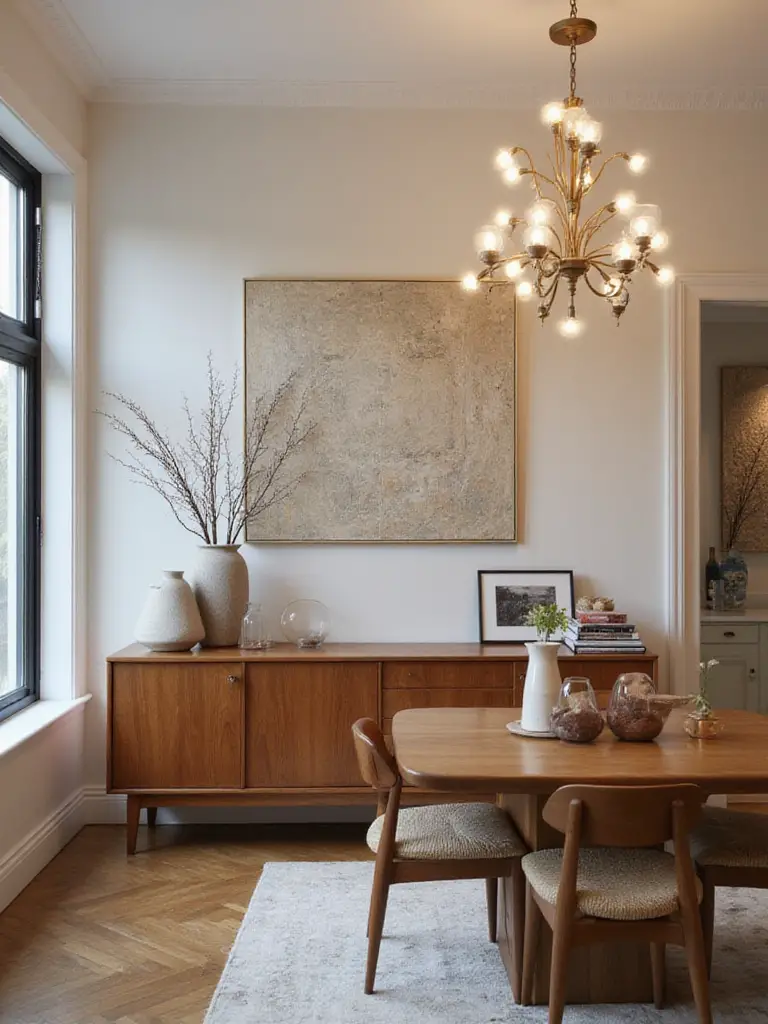 A modern buffet in a beautifully styled dining room with warm lighting.