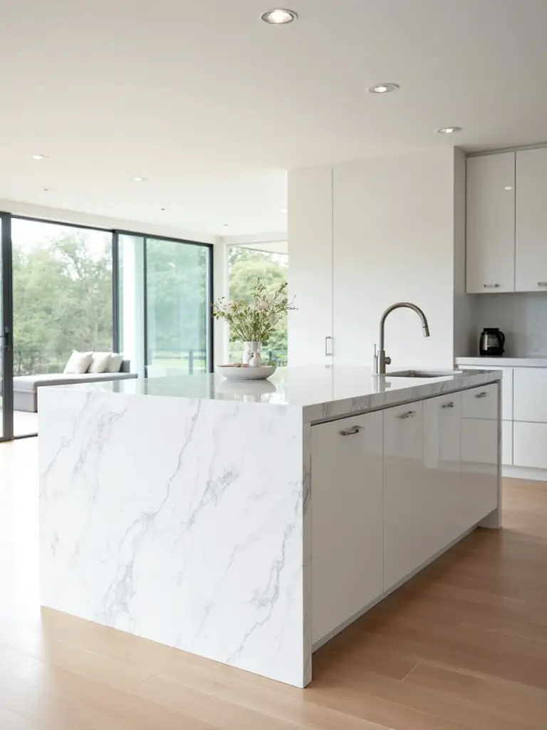 Modern kitchen island with a white marble waterfall edge under natural and recessed lighting, showcasing sleek contemporary design