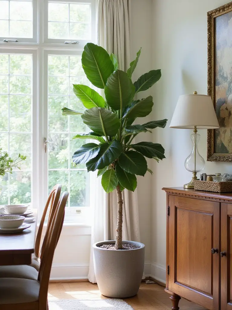 A beautifully decorated dining room with a Fiddle Leaf Fig plant beside a buffet.
