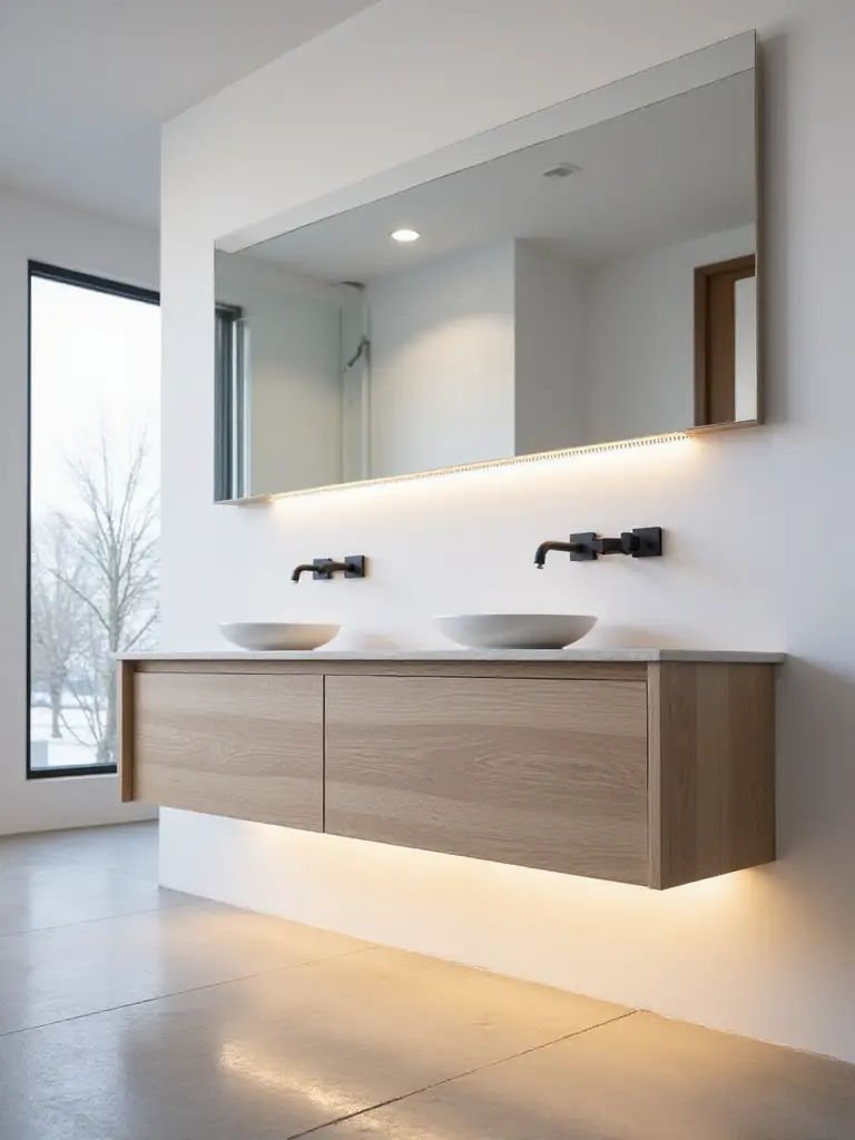 Modern bathroom with a sleek floating vanity, LED lighting underneath, wall-mounted faucets, and open floor space creating a weightless look