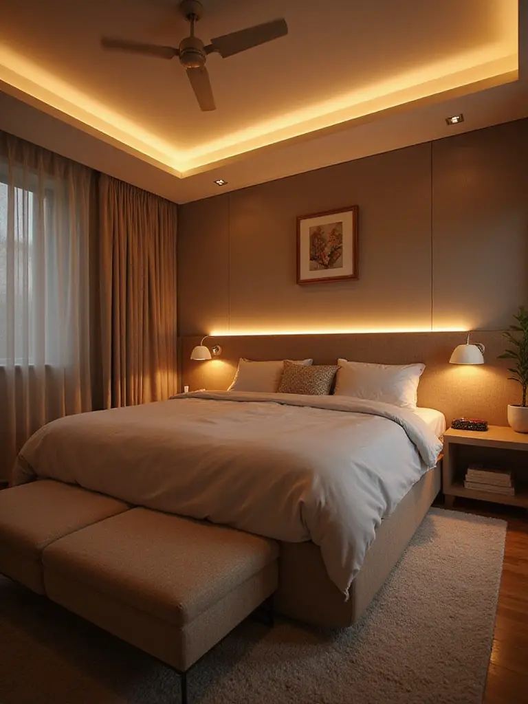 Integrated lighting in a beautifully designed bedroom showcasing mood ambiance.
