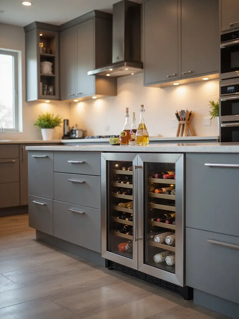 Modern kitchen island with integrated wine and beverage refrigeration units under countertop, showcasing sleek cabinetry and chilled drinks