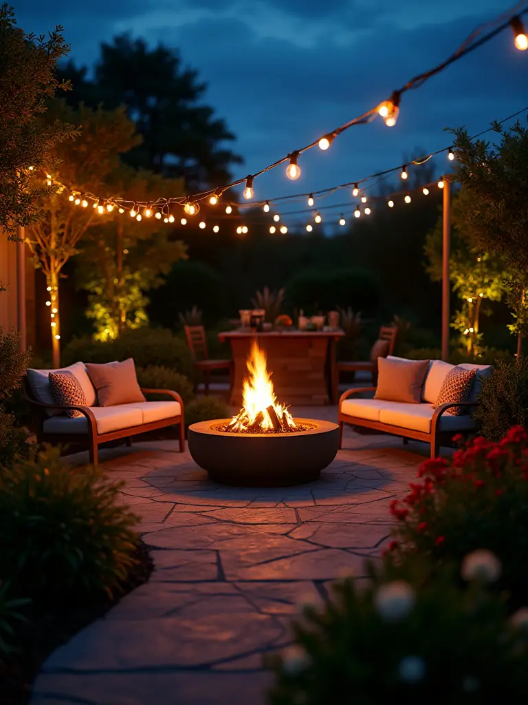 Ambient lighting illuminating a firepit area at dusk, showcasing a warm and inviting atmosphere.