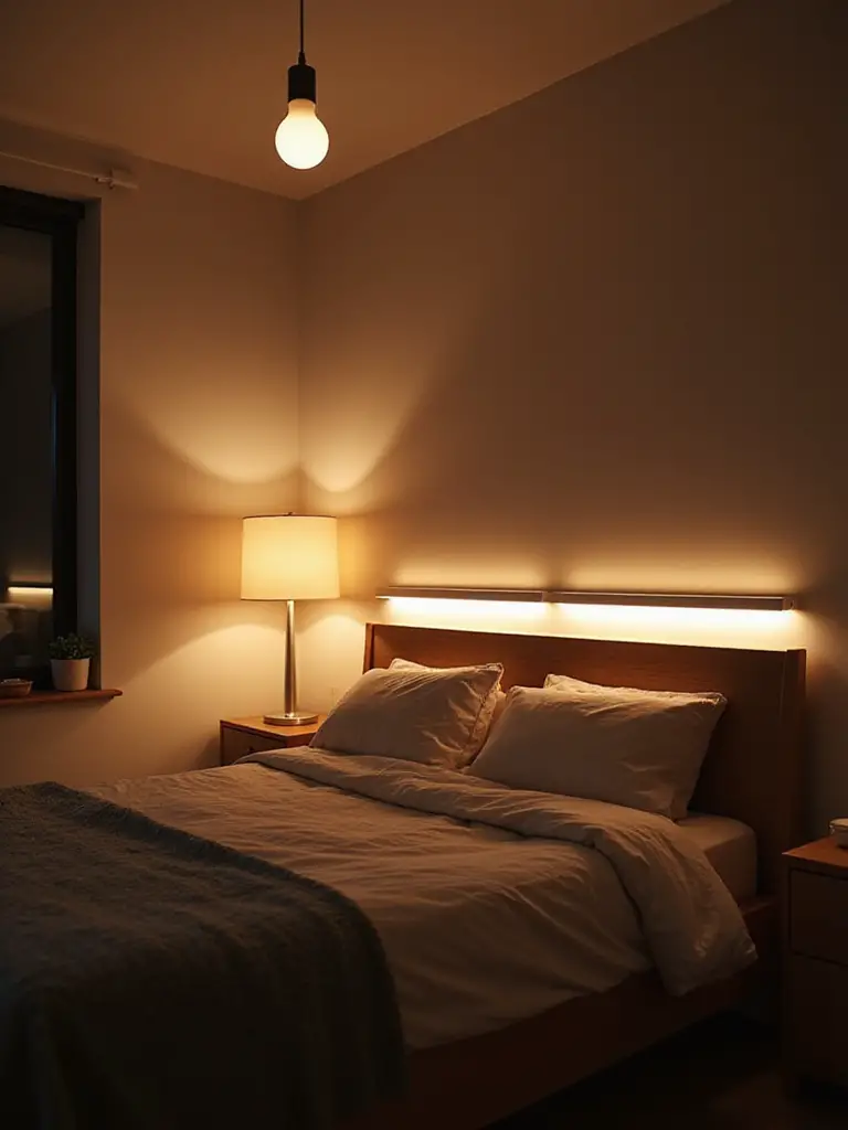 Modern apartment bedroom with layered smart lighting including smart lamp, ceiling light, and accent light strip creating versatile ambiance