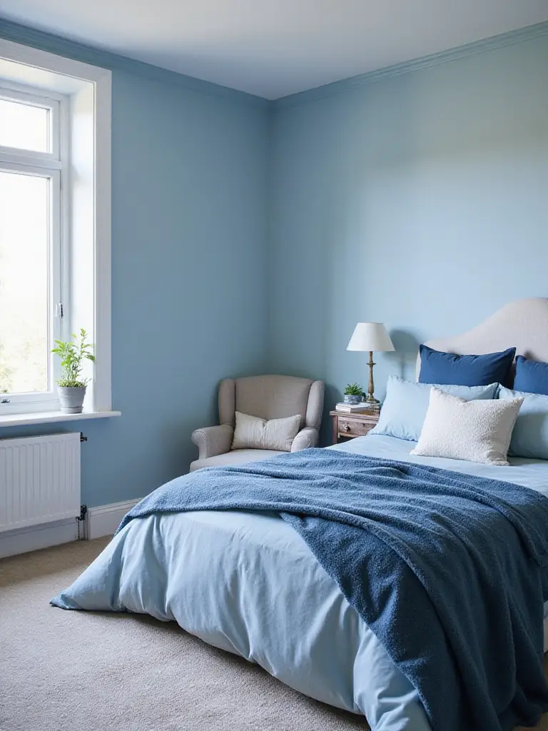 Serene bedroom featuring an analogous color scheme with soft blue walls and rich bedding textures.