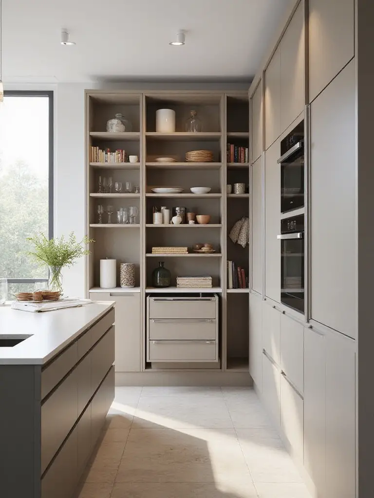 Modern kitchen with integrated closed storage solutions for a clutter-free look.