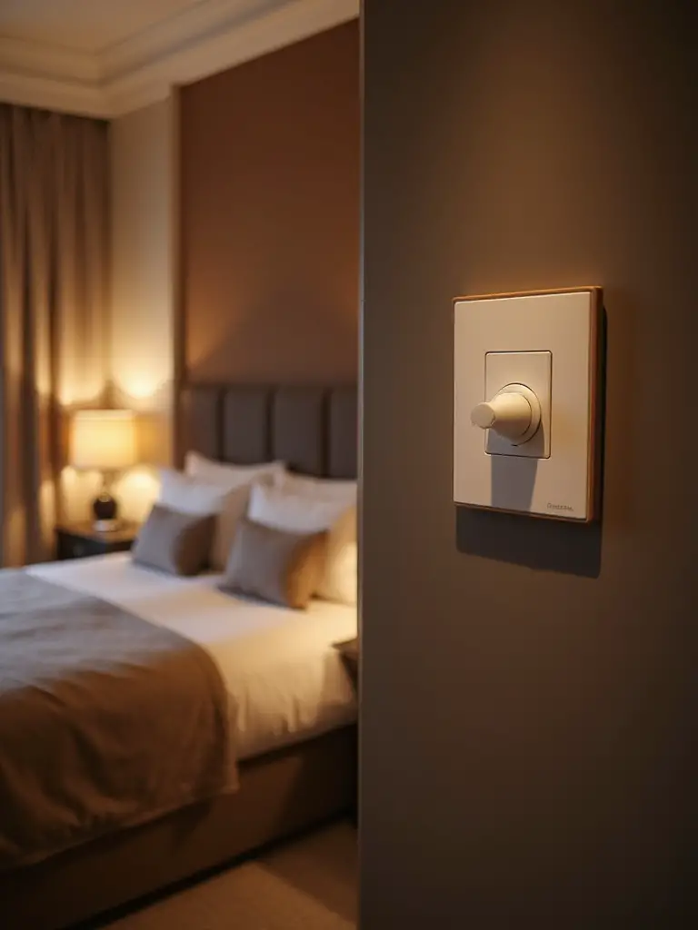 Bedroom with dimmer switch and soft ambient lighting.
