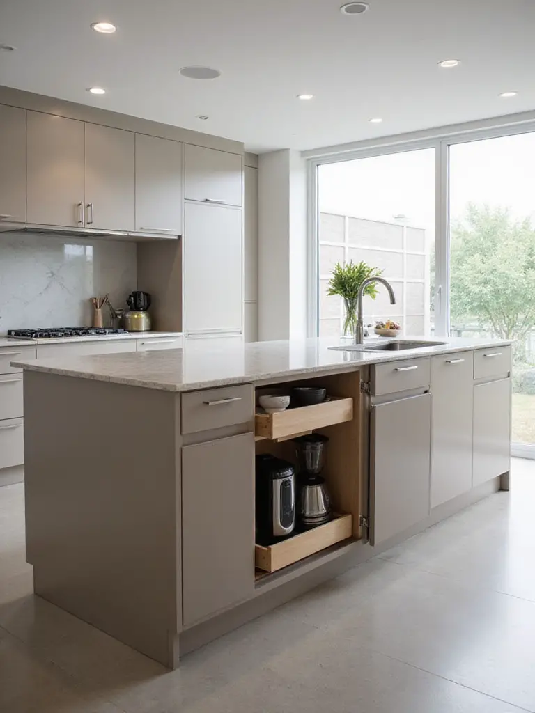 Modern kitchen island with a sleek hidden appliance garage partially open showing stored appliances and clutter-free countertops