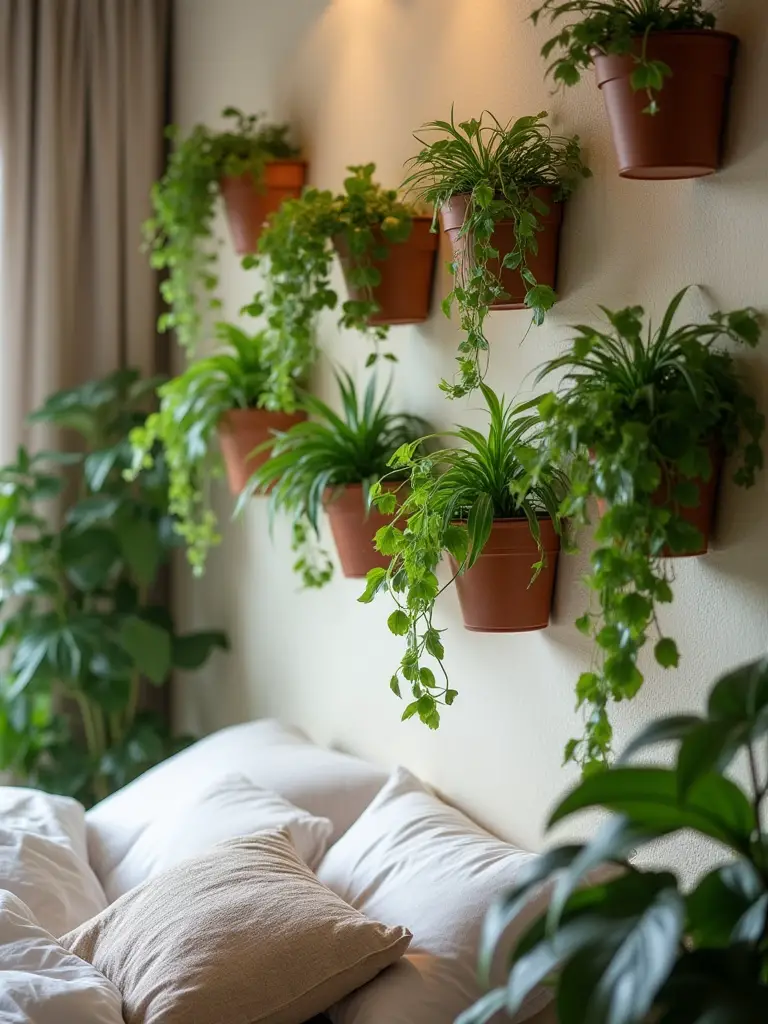 Bedroom wall with mounted planters and indoor plants