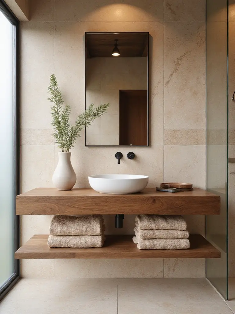 Modern bathroom with floating teak vanity, travertine stone tiles, and natural textures creating organic warmth