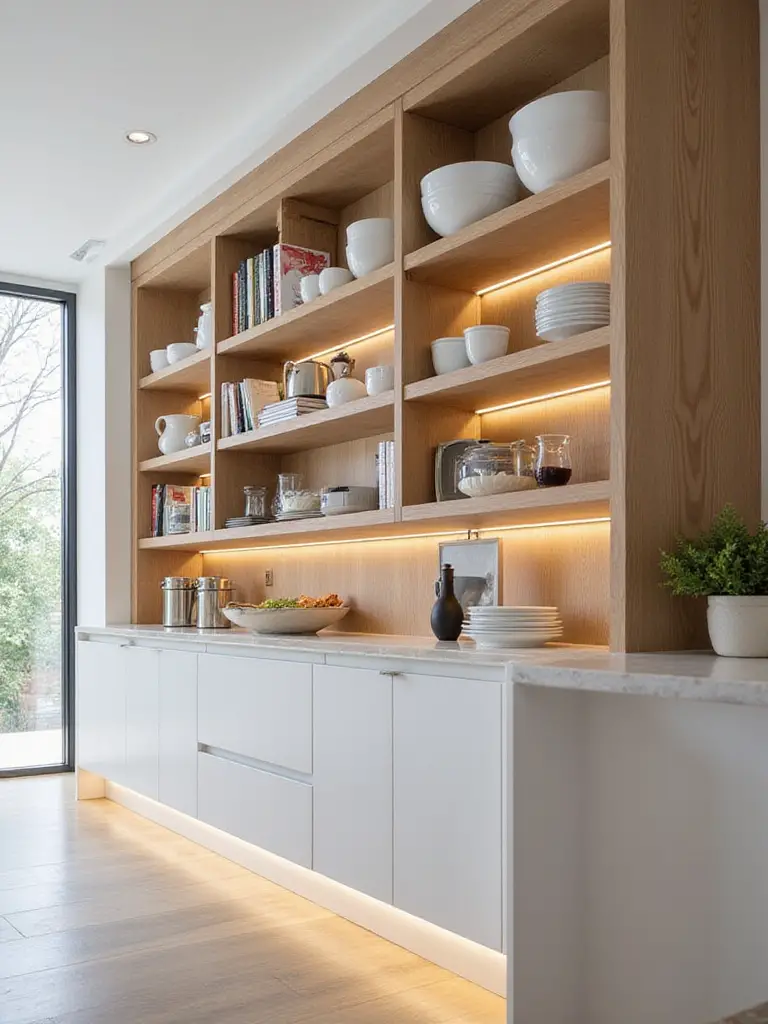 Modern kitchen island with integrated open shelving displaying decorative bowls and cookbooks, illuminated by LED lighting