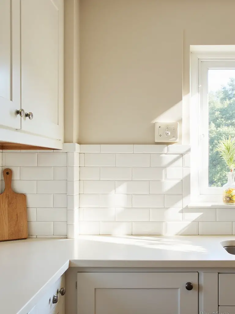 Seamless integration of wall paint and backsplash in a modern kitchen