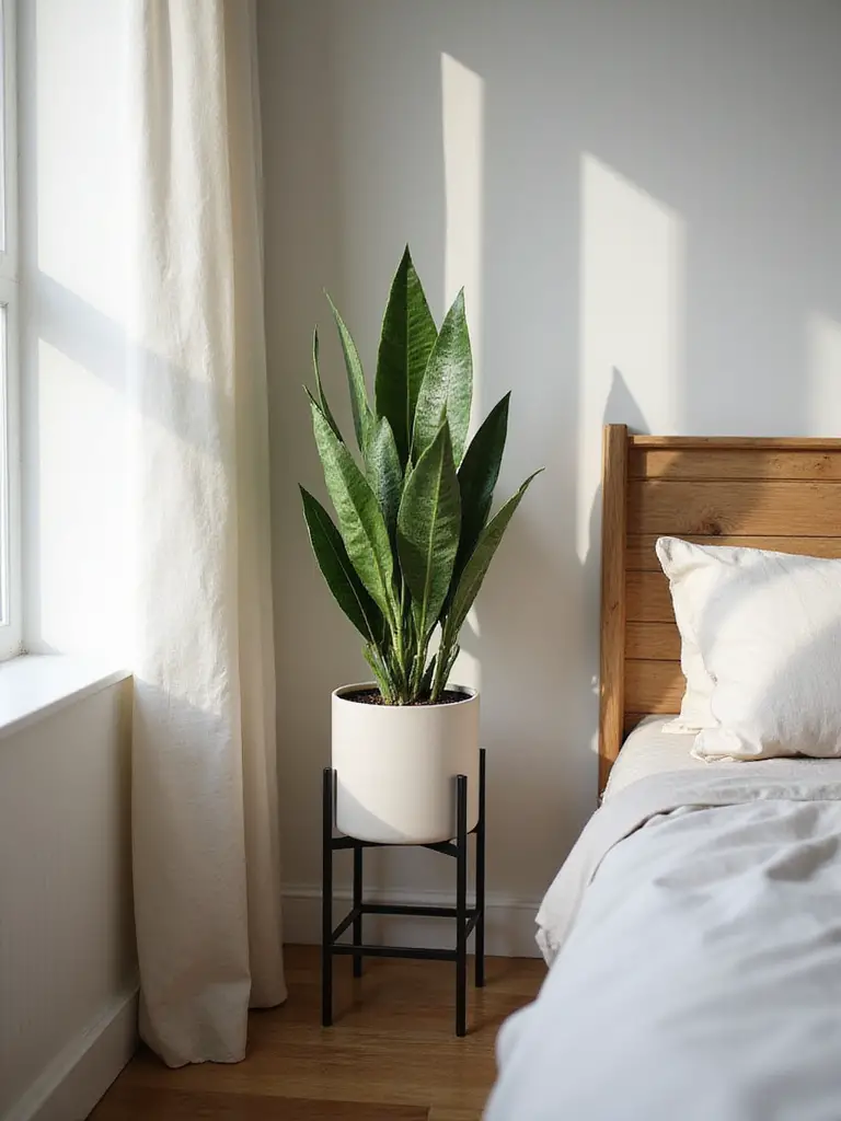 Cozy apartment bedroom corner with Snake Plant in ceramic pot on minimalist stand, natural light highlighting plant leaves