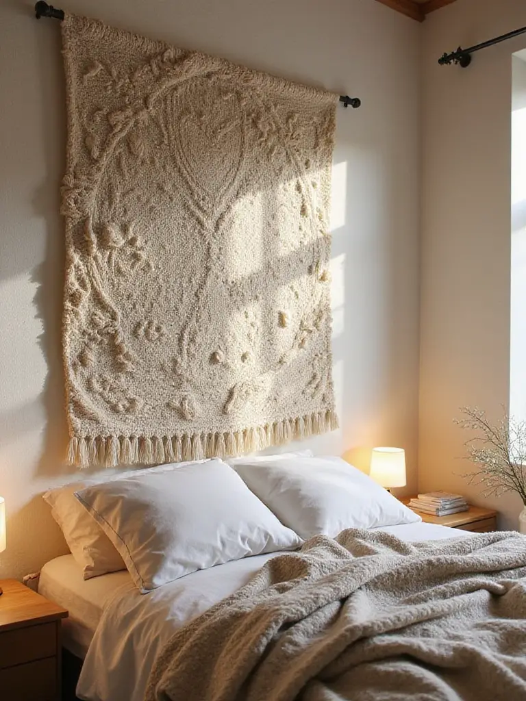 Cozy bedroom with woven tapestry on the wall, showcasing warmth and texture.