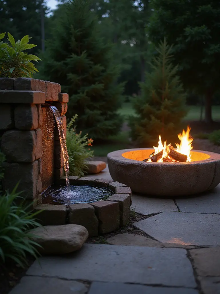 Serene outdoor scene with a firepit and a nearby water feature, showcasing fire and water harmony.