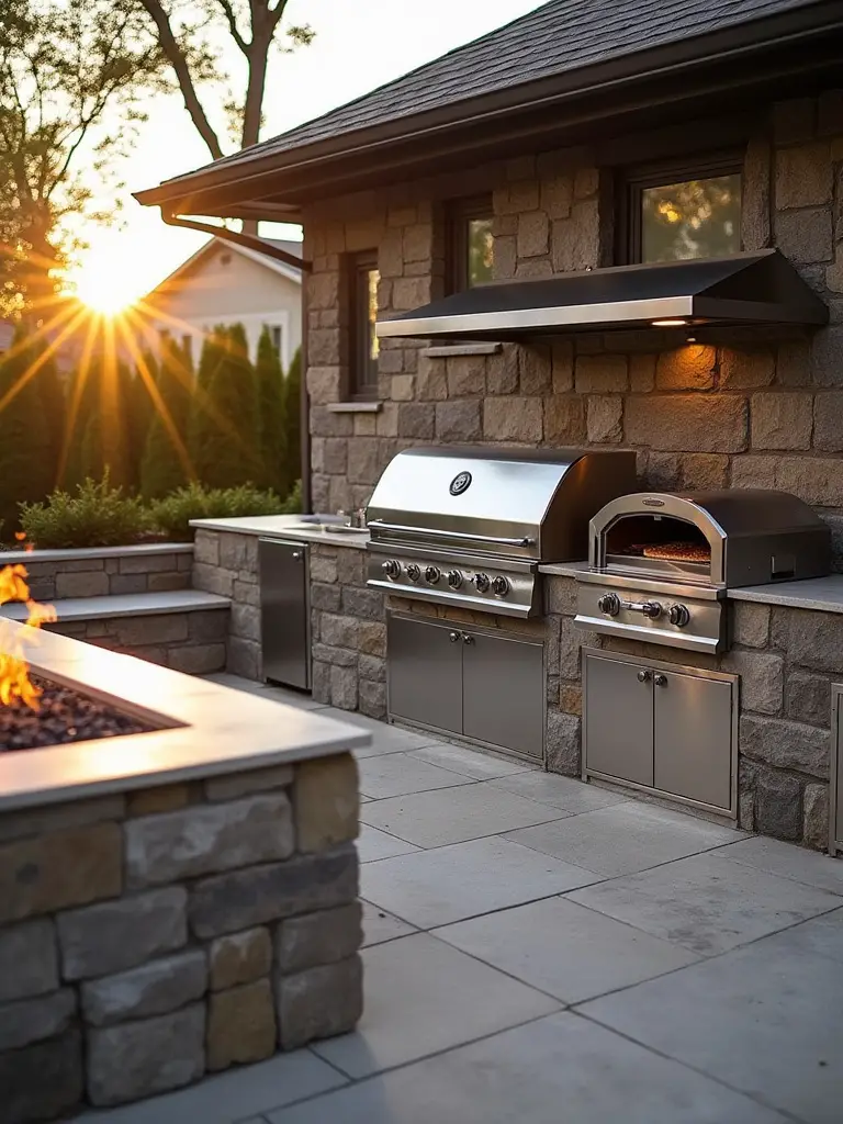 A beautifully designed outdoor kitchen with a built-in smoker and pizza oven integrated with a firepit.