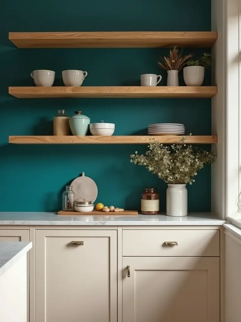 Modern kitchen with bold deep teal accent wall and open shelving