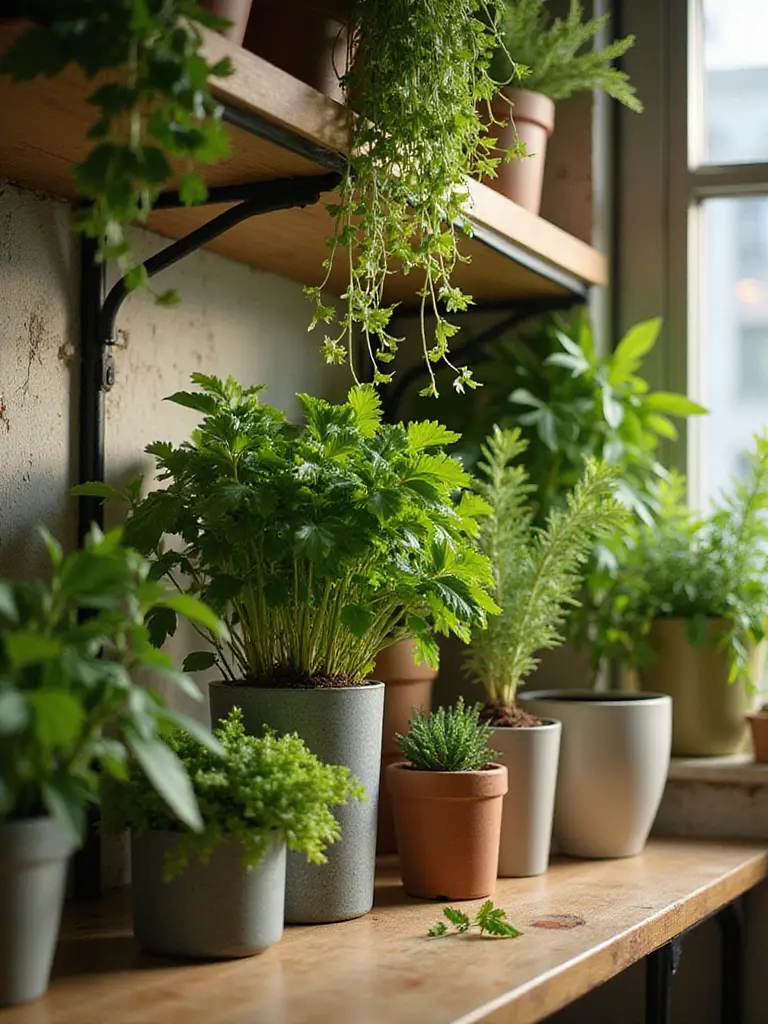 A vibrant kitchen shelf decorated with fresh herbs and greenery in stylish pots.