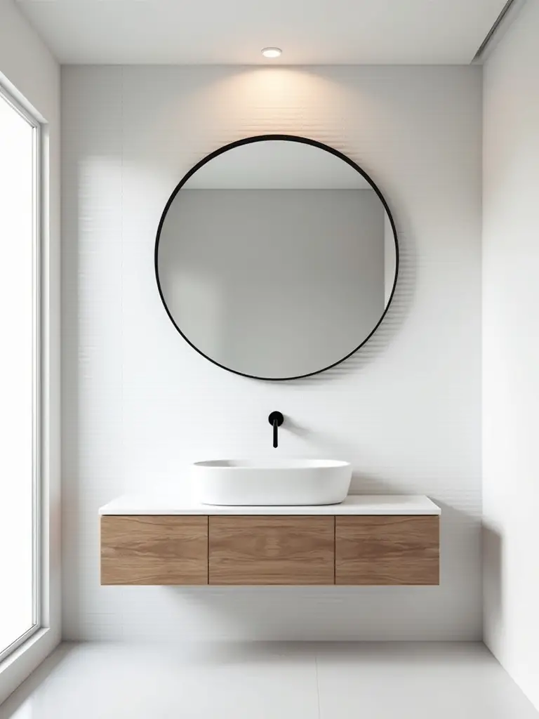Modern bathroom with single bold accent oversized circular matte black framed mirror above floating wood vanity