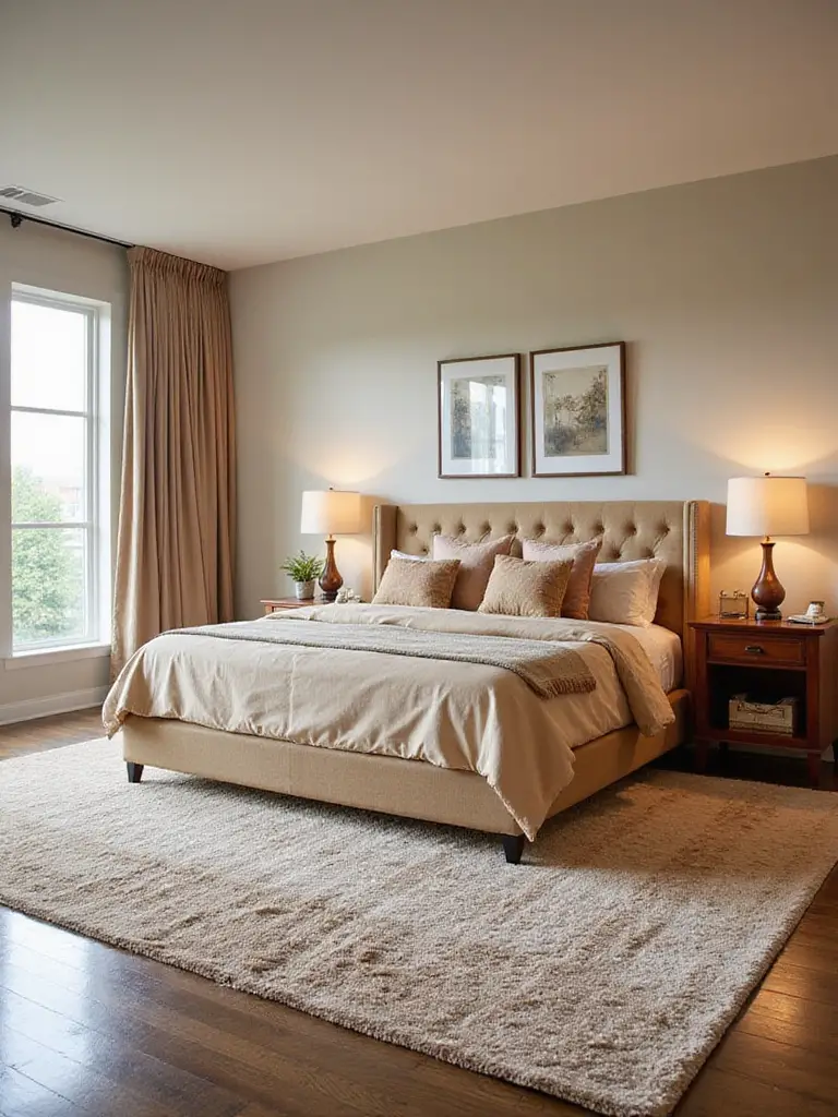 A cozy bedroom featuring a plush area rug under a king-sized bed, enhancing warmth and space definition.