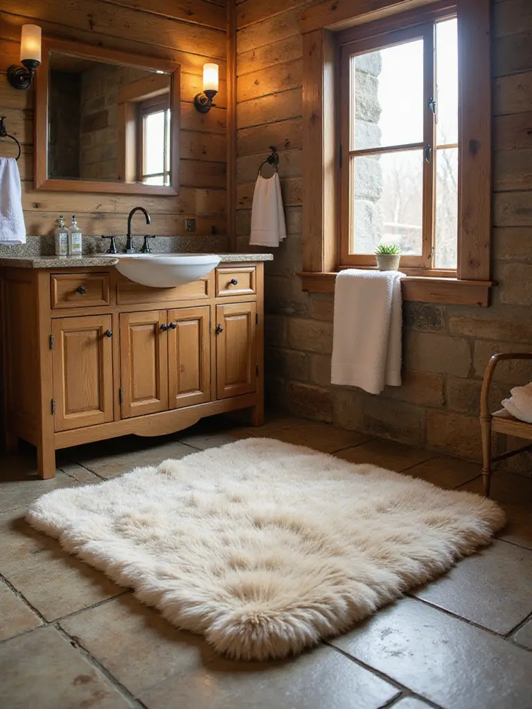 Rustic bathroom with luxurious cream faux fur bath mat in front of wooden vanity and stone floor