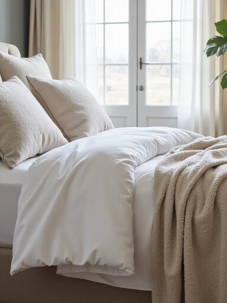 Luxuriously layered bedding in a serene bedroom setting