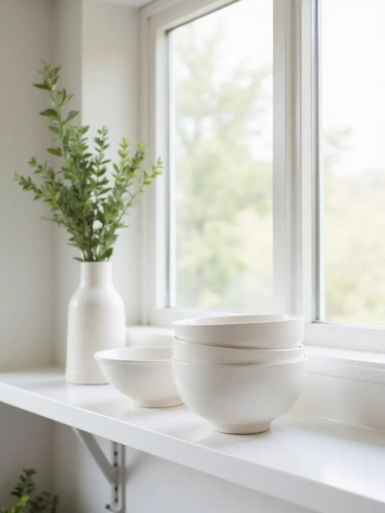 Minimalist kitchen shelf with strategic empty space, featuring a vase and ceramic bowls