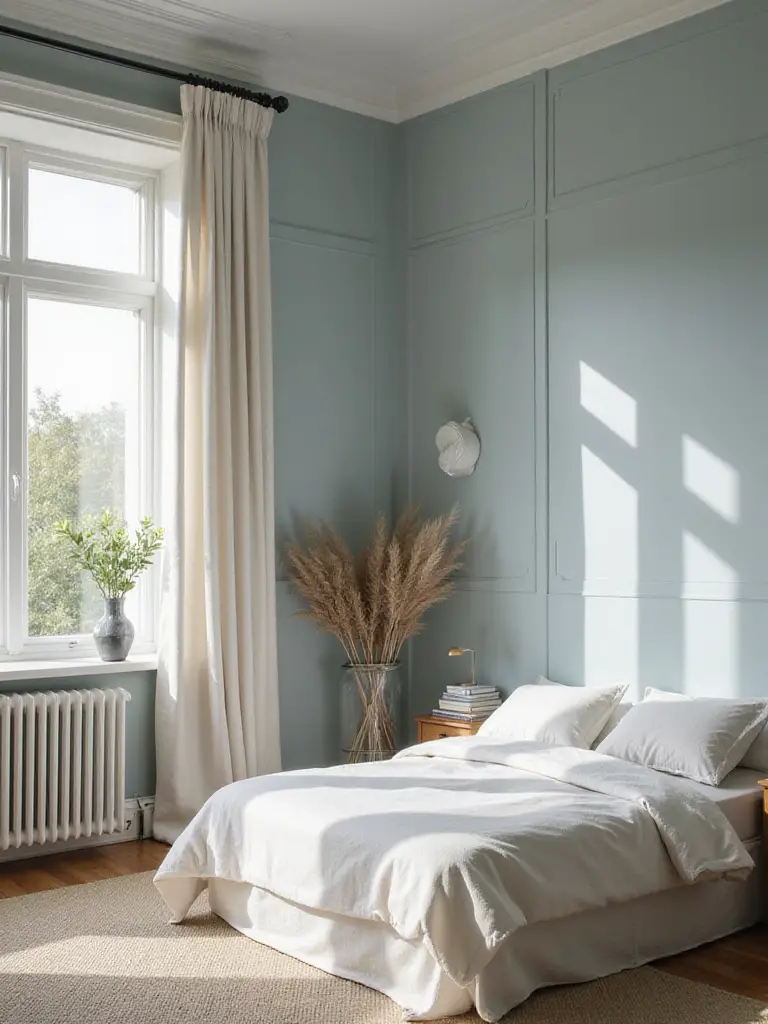 A calming bedroom with dusty blue walls and white trim, designed to evoke tranquility.