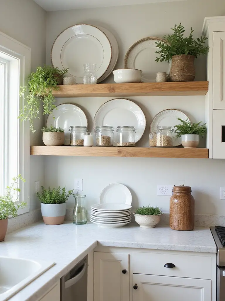 Clean and organized kitchen shelf displaying decorative items