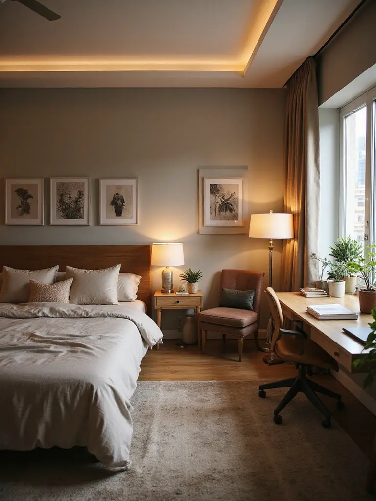 A beautifully organized bedroom with distinct zones for sleeping, reading, and working, showcasing functional design.