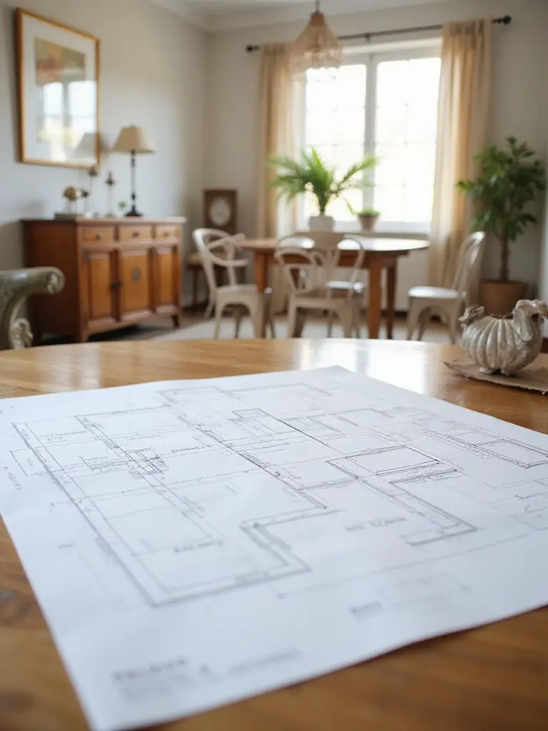 Dining room layout plan with furniture placement on graph paper