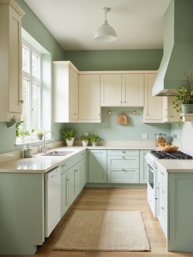 A modern kitchen with soft sage green walls and light cream cabinetry, illustrating color psychology principles.