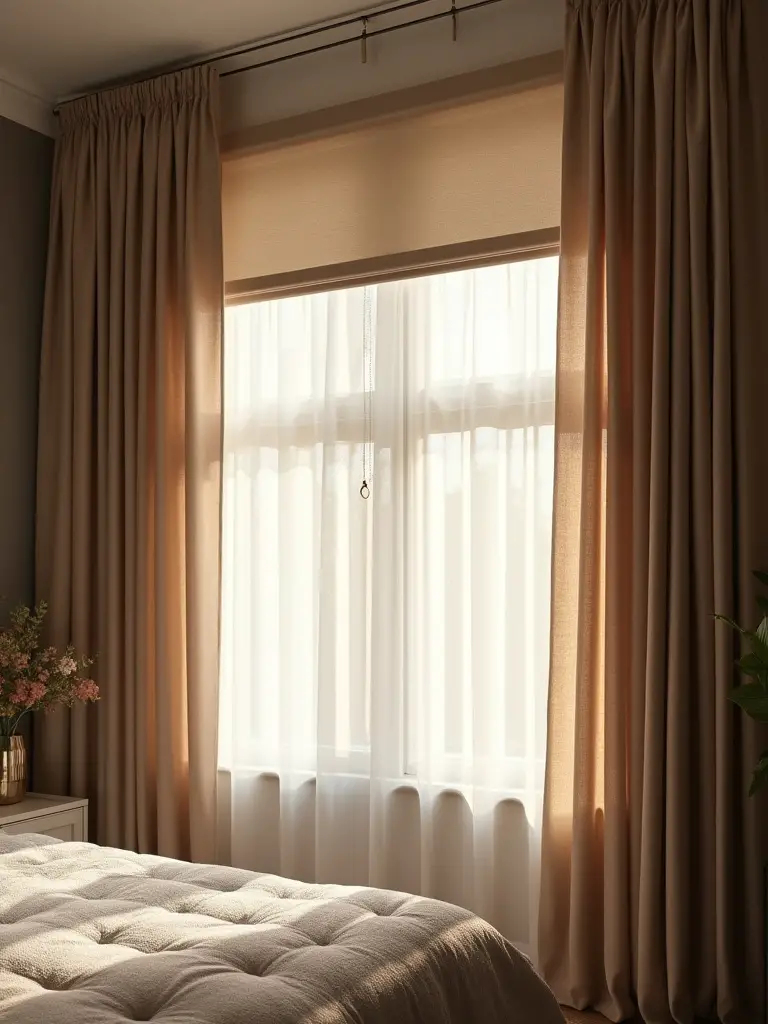 Apartment bedroom window featuring blackout roller shades and sheer curtains for privacy and light control