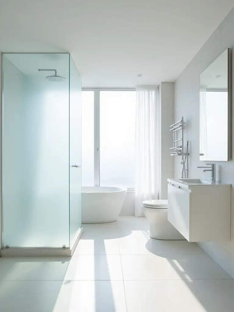 Modern bathroom with large frosted glass windows and reflective surfaces maximizing natural light for a bright and airy space
