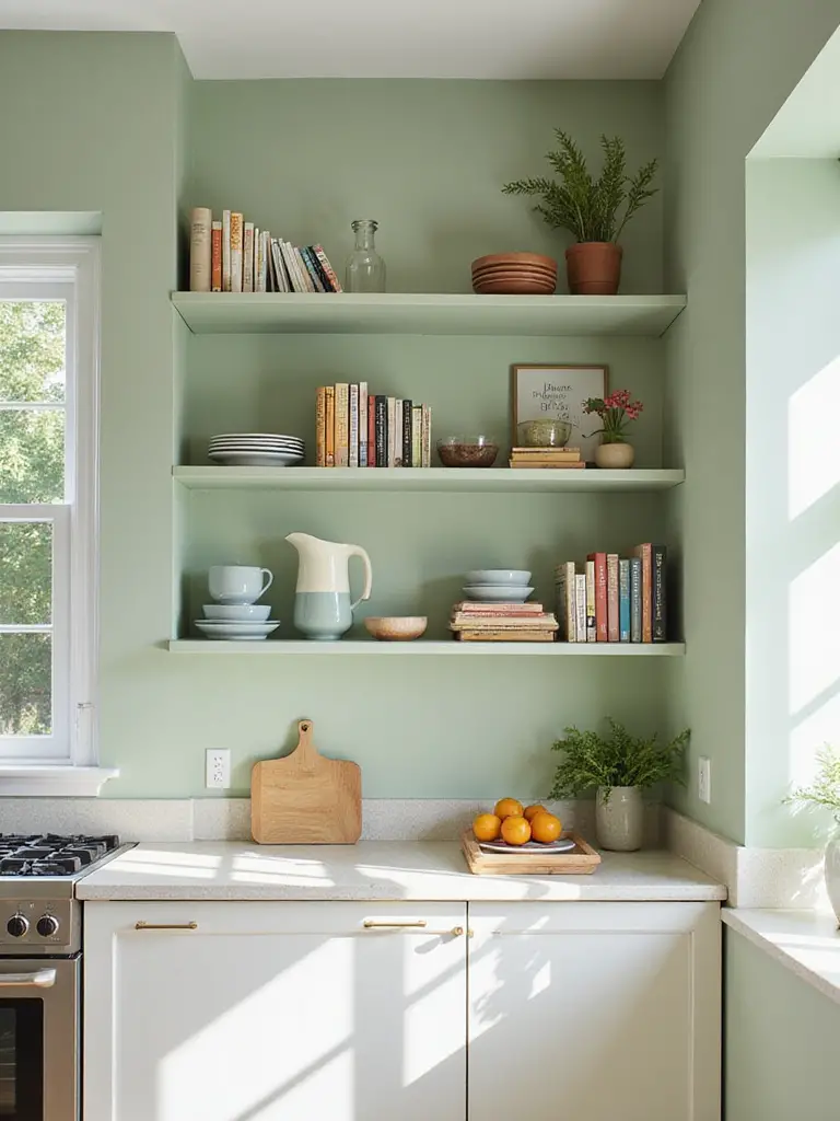 Stylish kitchen with open shelving and sage green walls