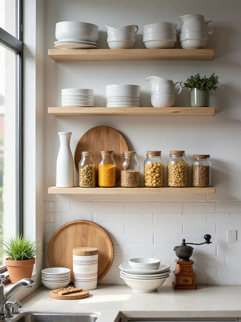 Artfully arranged kitchen shelf with everyday essentials and decorative accents