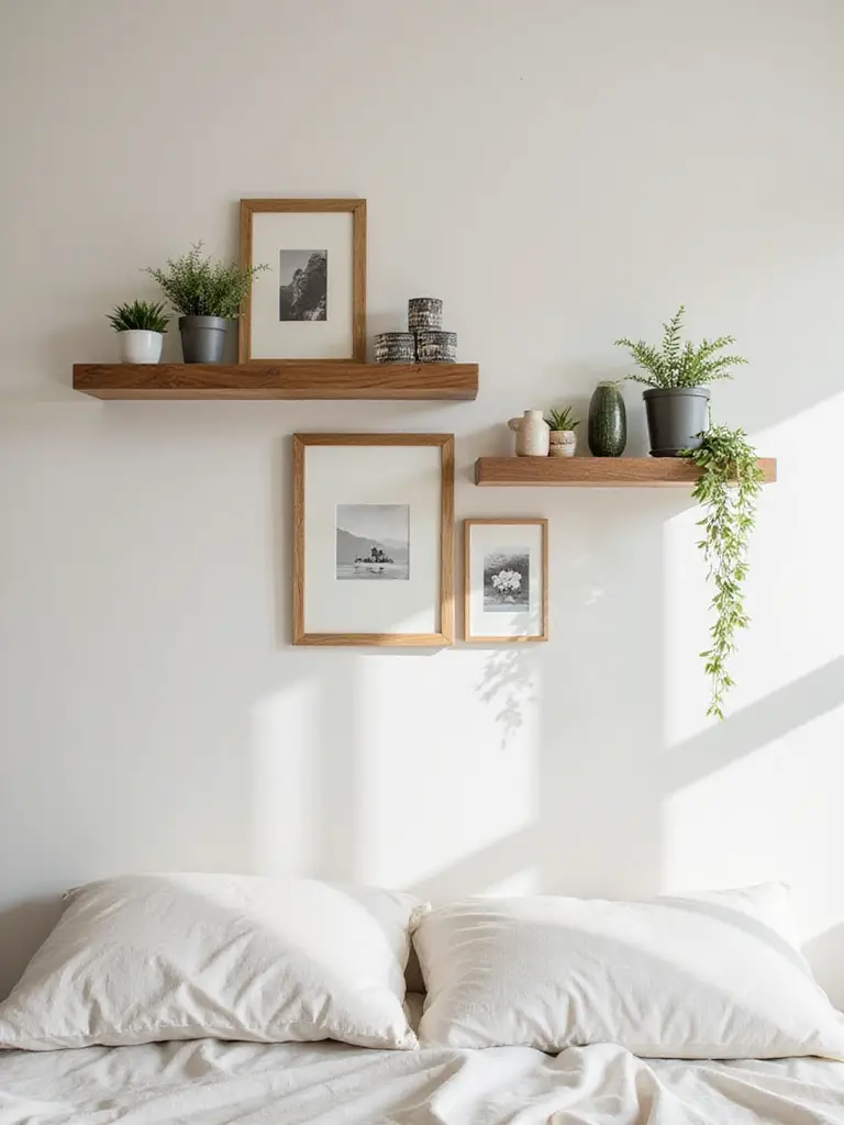 Styled floating shelves in a bedroom showcasing decorative items and plants.